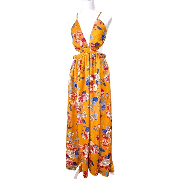 Dresses & Skirts - Yellow Floral Plunge Neck Long Dress - Summer Dress